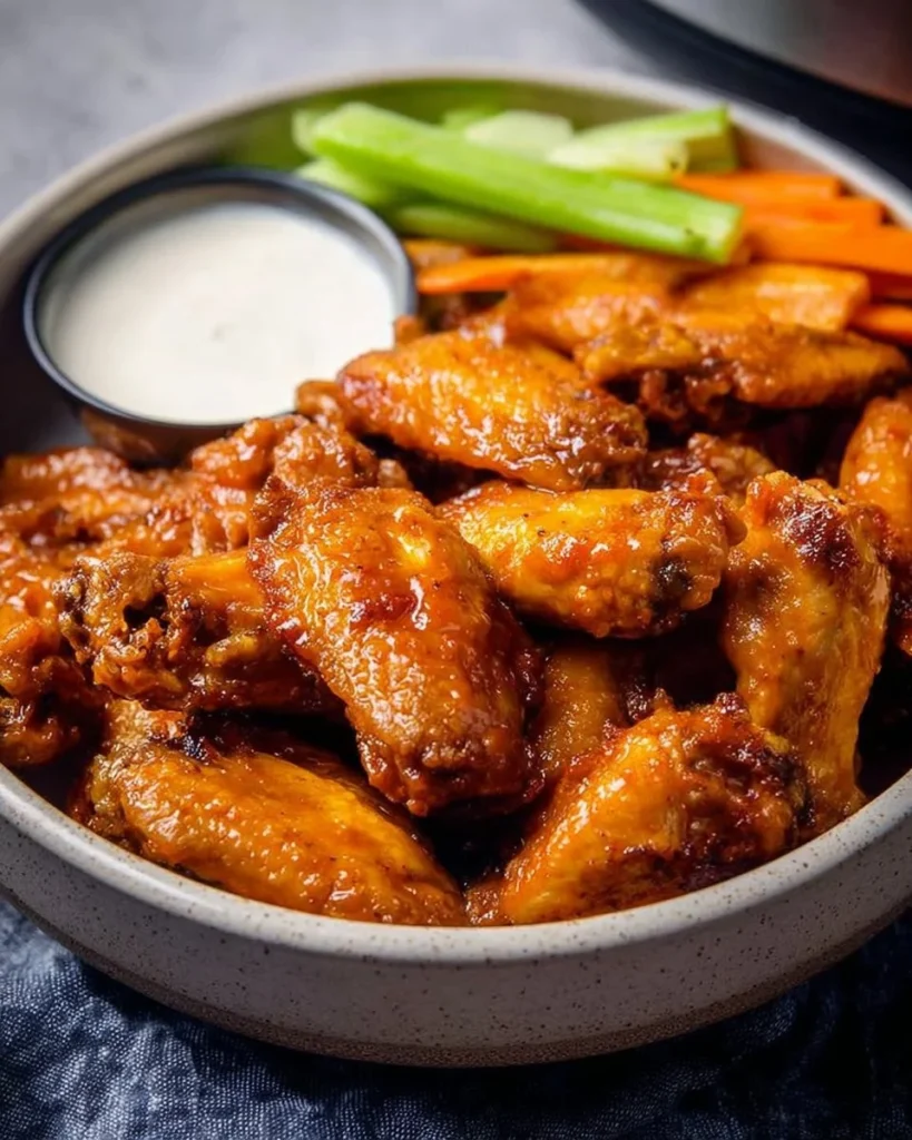 Crispy Air Fryer Buffalo Chicken Wings served with dipping sauce