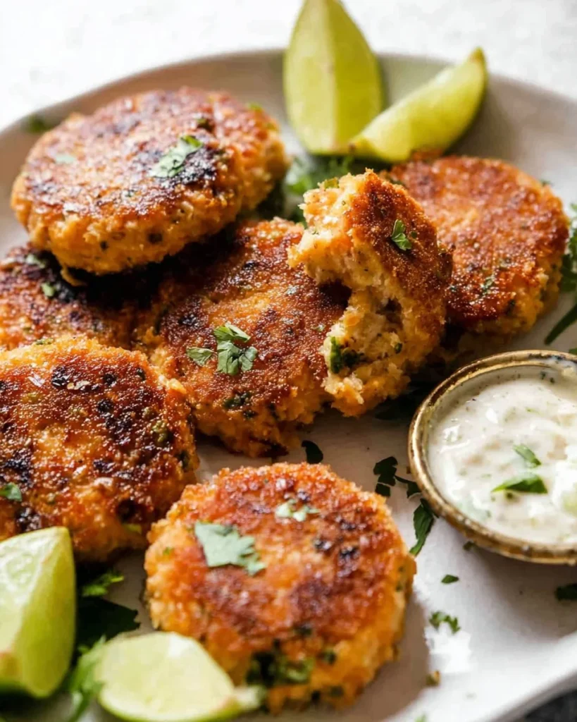 Delicious air fryer fish cakes served with dipping sauce.