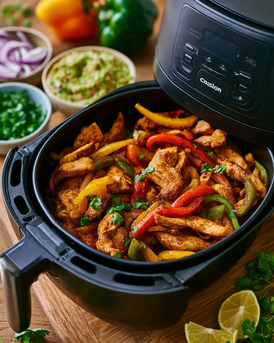Air fryer chicken fajitas in colorful bell peppers and onions on a plate