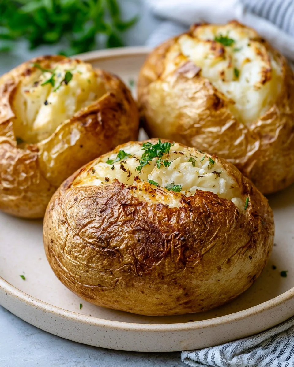 Delicious air fryer baked potatoes served with toppings