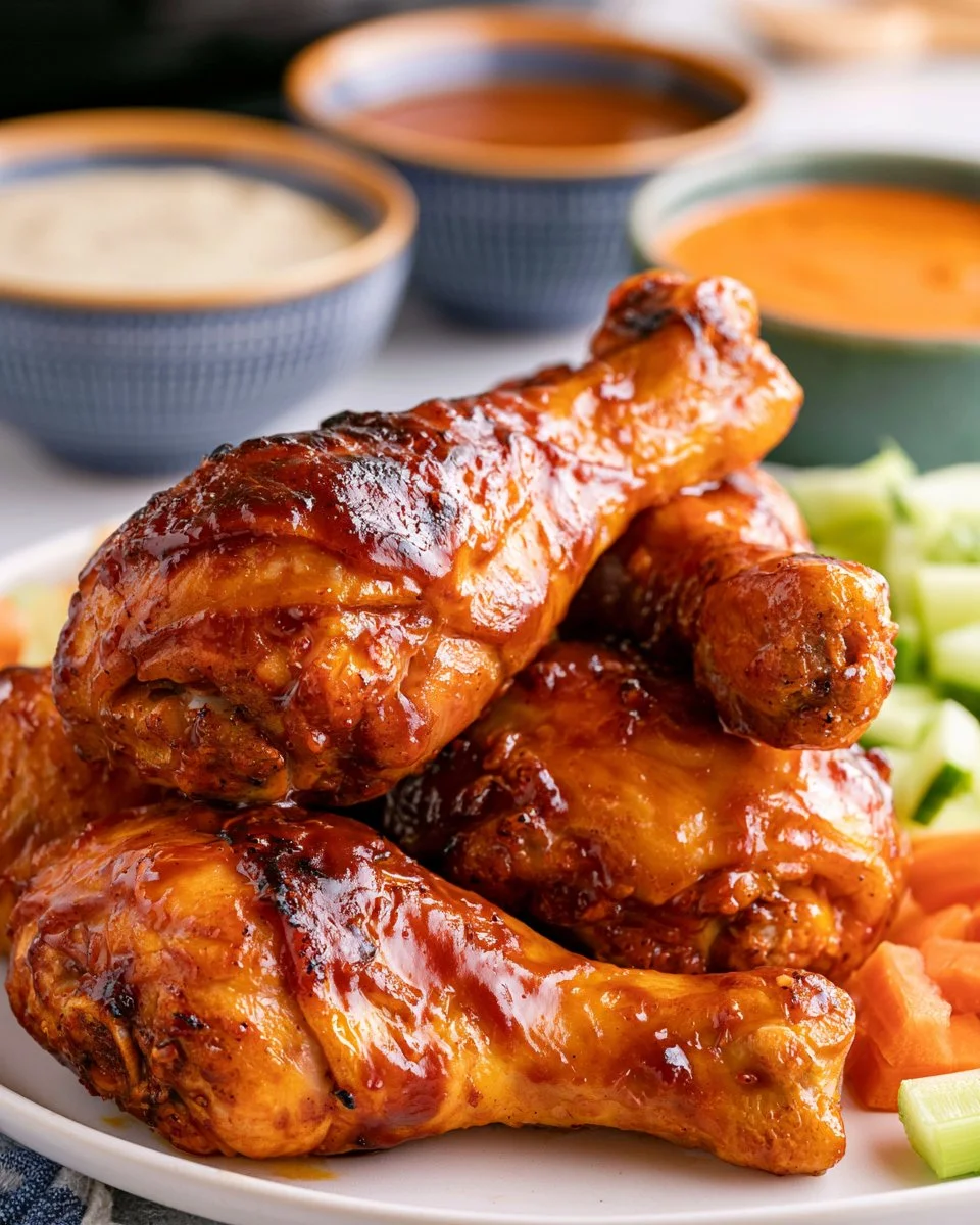 Crispy Air Fryer Buffalo Chicken Drumsticks garnished with celery and blue cheese