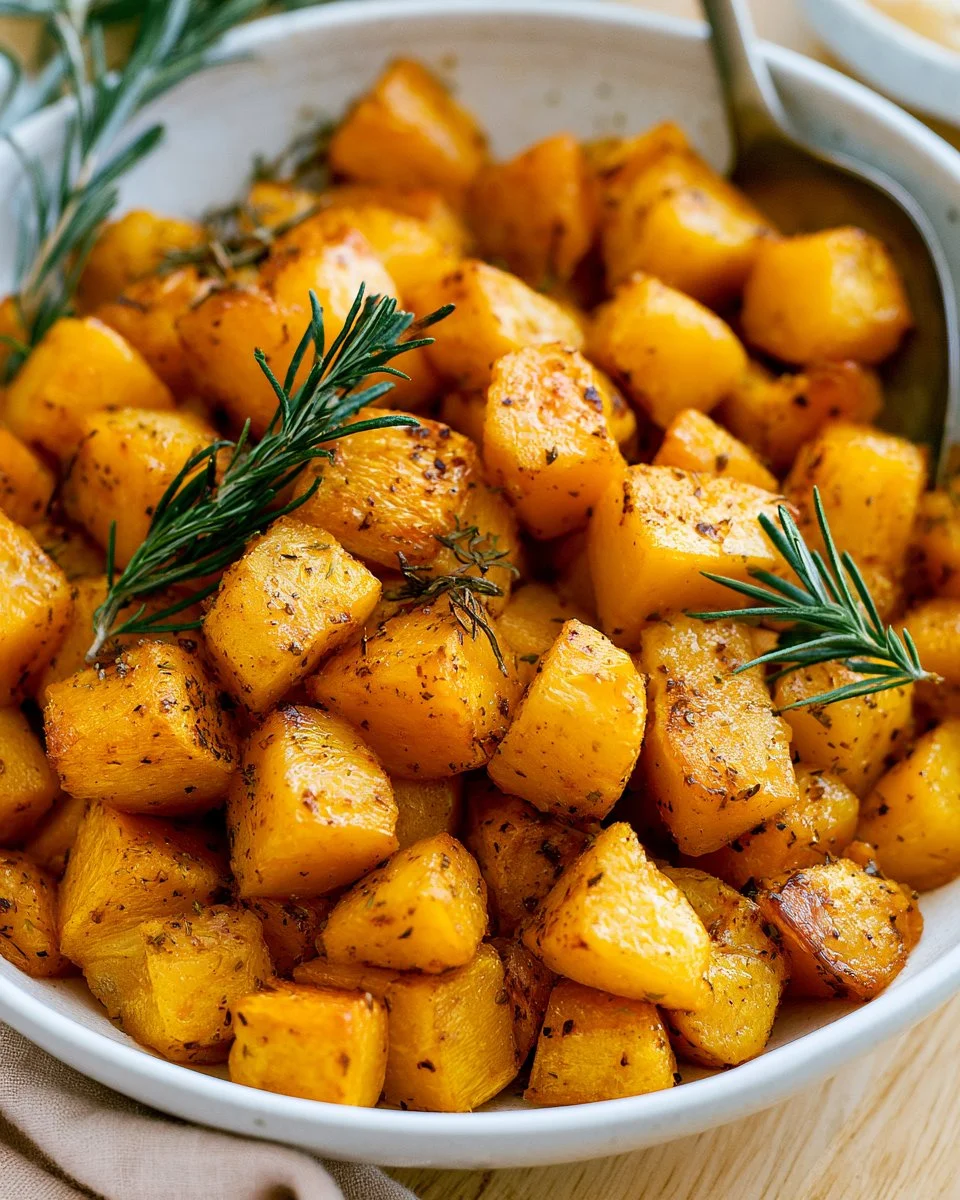Air Fried Butternut Squash in a bowl garnished with herbs