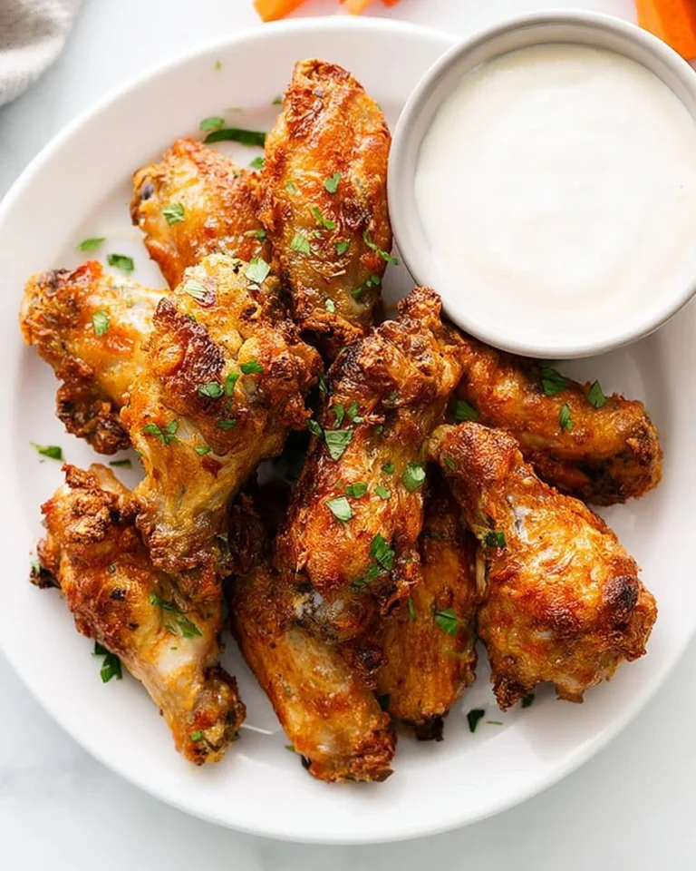 Crispy air fryer chicken wings ready to serve with dipping sauce
