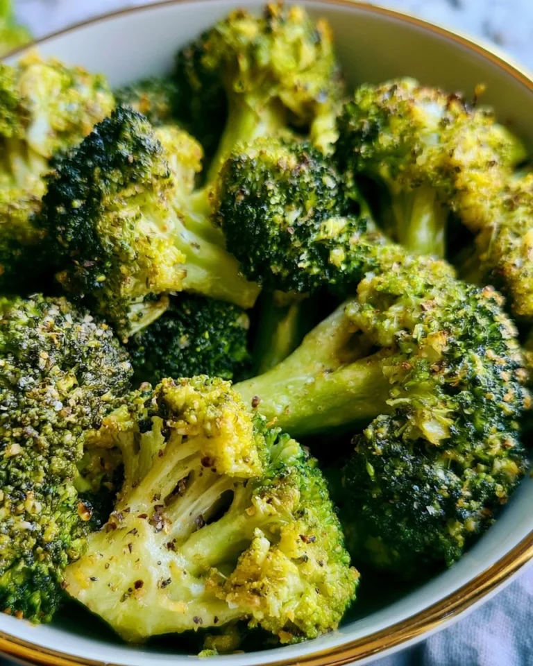 Dish of air fryer broccoli cooked to perfection in 10 minutes