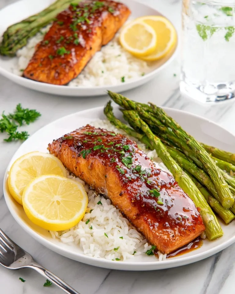 Air fryer honey garlic salmon garnished with herbs and served on a plate