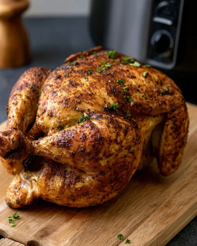 Delicious air fryer whole chicken cooked to perfection with crispy skin