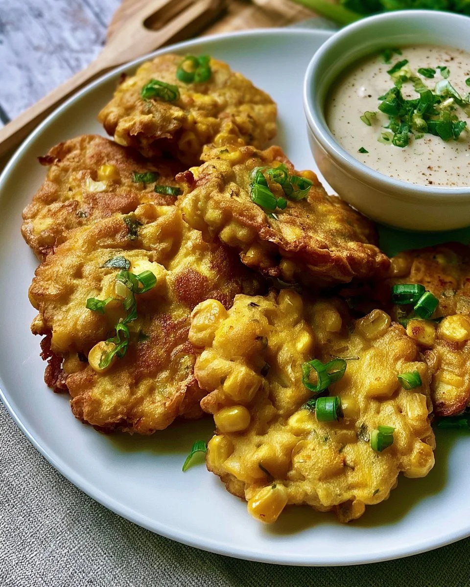 Golden and crispy corn fritters served on a plate