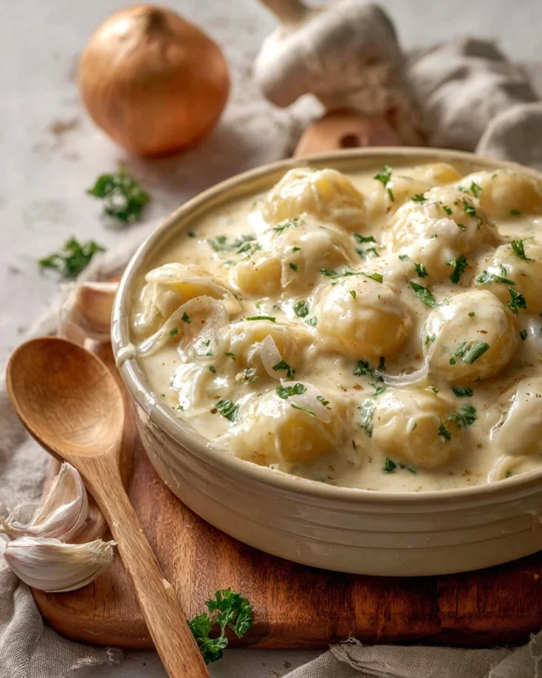 Delicious creamed onions served as a side dish