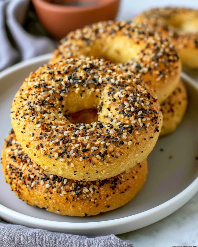Freshly baked easy bagel recipe with toppings on a wooden table