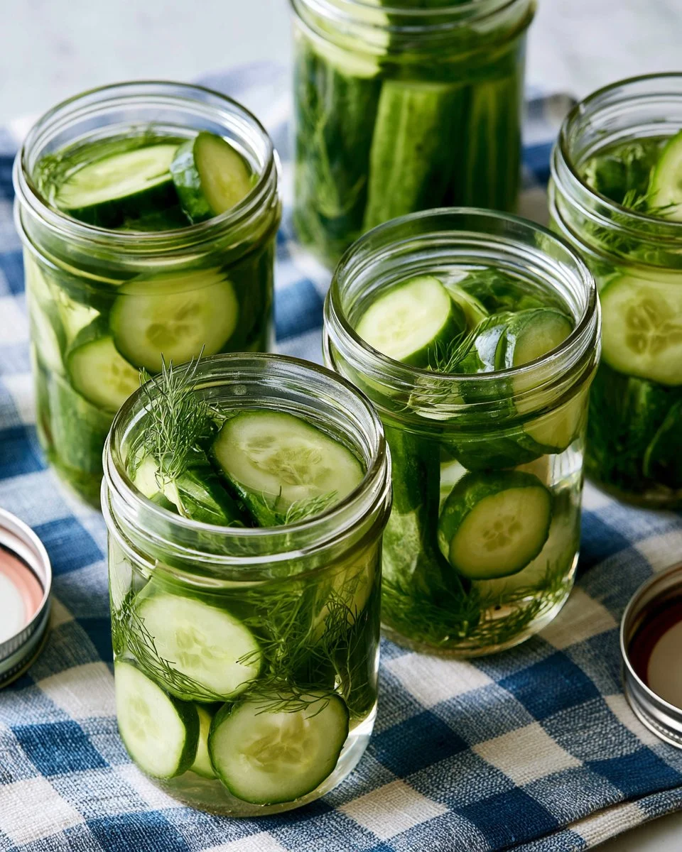 Homemade easy dill pickles ready for canning in jars.