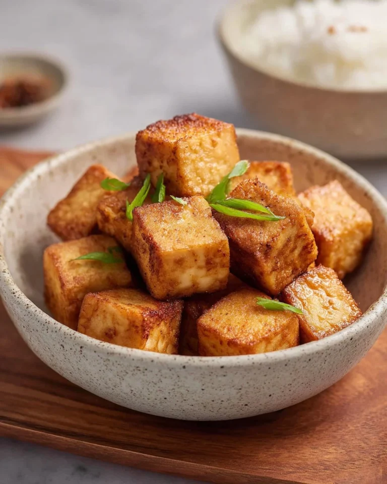 Crispy fried tofu on a plate, garnished with herbs and spices.