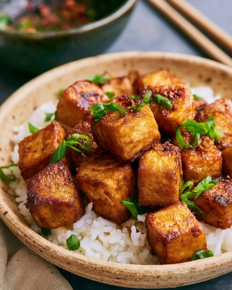 Golden crispy fried tofu served with dipping sauce on a plate