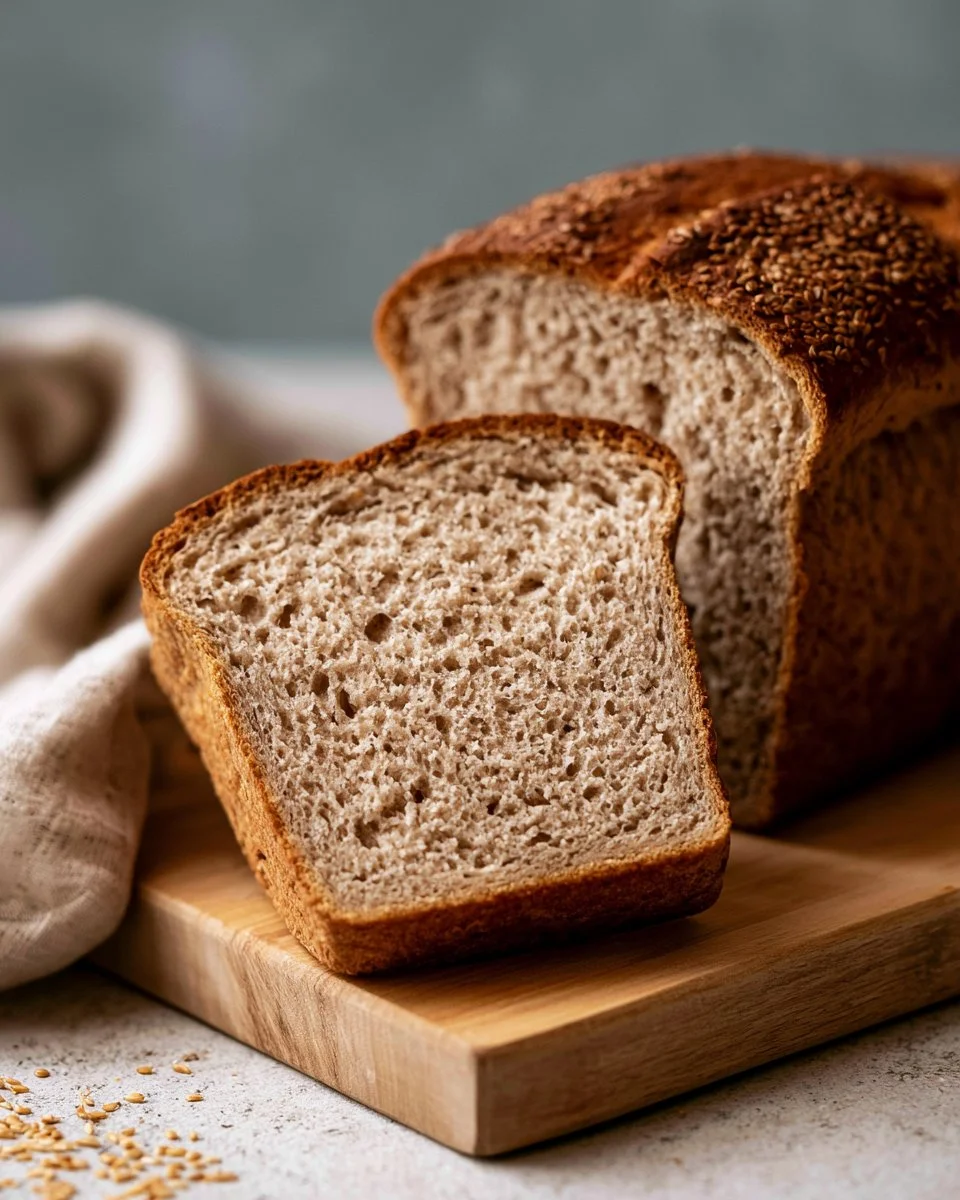 Freshly baked gluten-free sandwich bread loaf on a wooden cutting board.