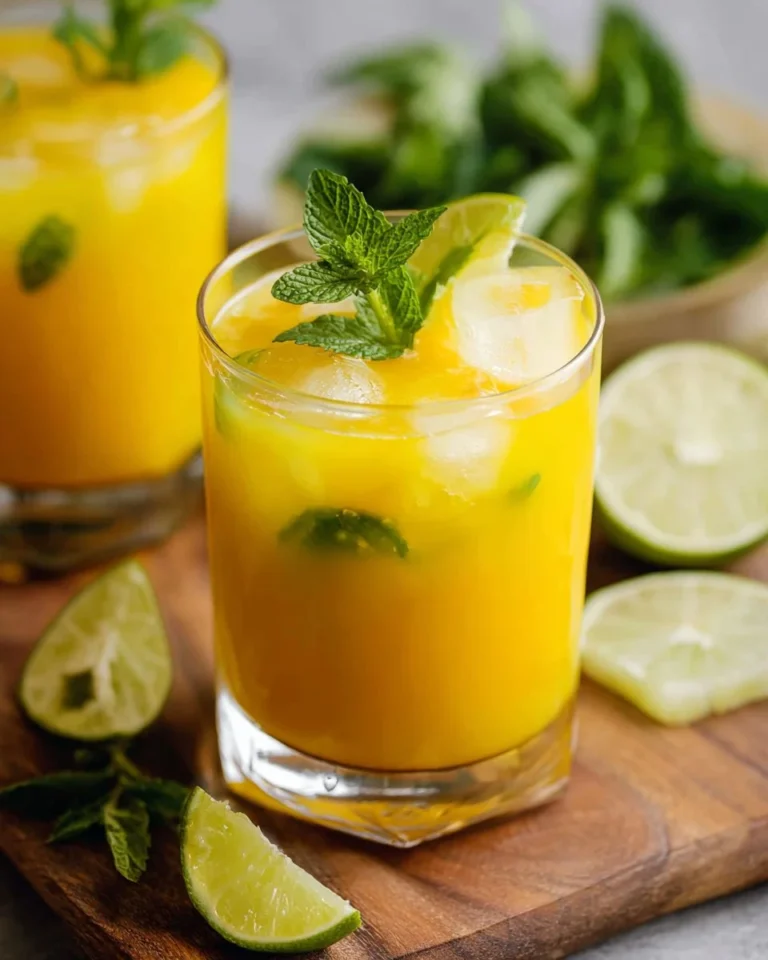 A refreshing Mango Mojito with mango slices, mint leaves, and lime in a glass.