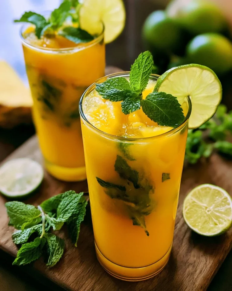 A refreshing Mango Mojito cocktail garnished with mint and lime slices.