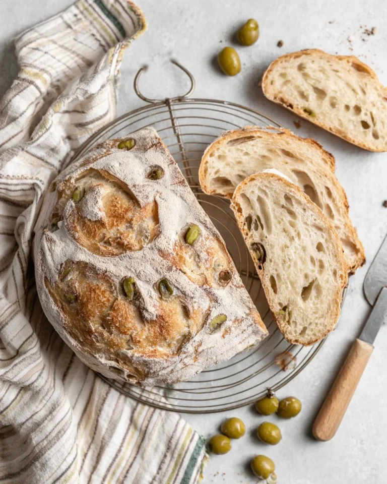 Loaf of homemade no-knead olive bread, fresh from the oven.
