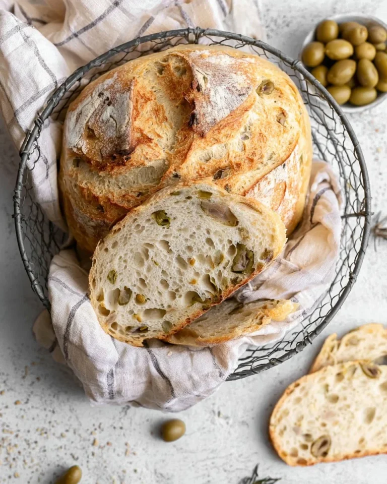 Freshly baked no-knead olive bread with herbs and spices