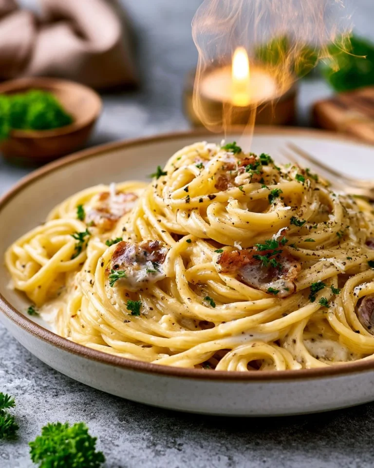 Delicious plate of traditional Pasta Carbonara garnished with parsley and cheese