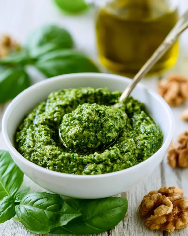 Pesto sauce with walnuts served on pasta