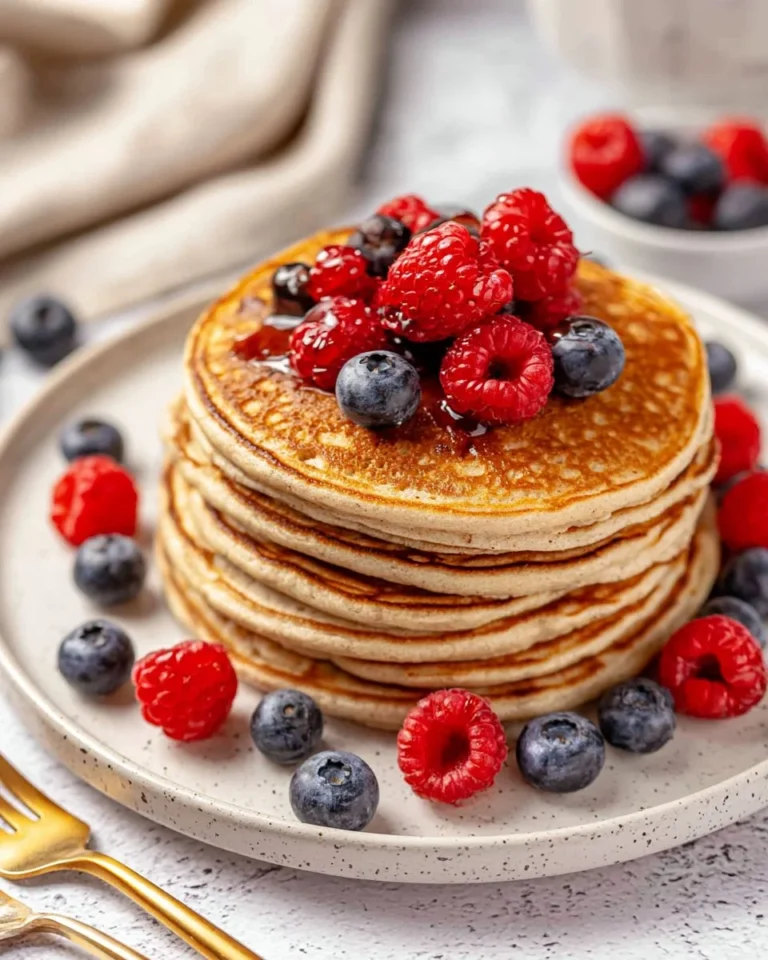 Delicious protein pancakes stacked on a plate with fresh fruit