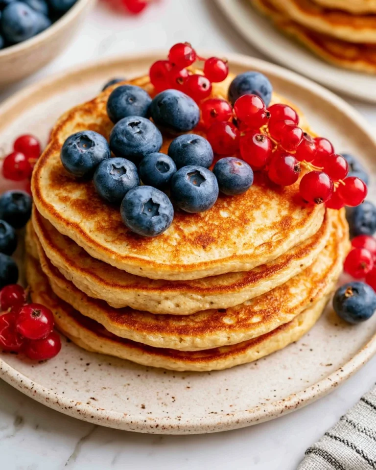 Delicious protein pancakes stacked with fresh berries and maple syrup