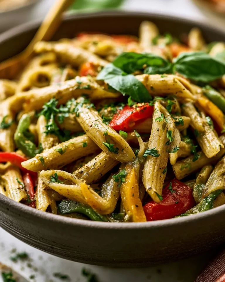 Plate of Rasta Pasta with colorful vegetables and spices