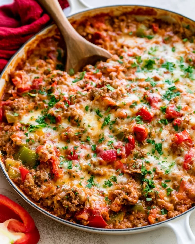 Delicious stuffed pepper casserole with colorful peppers and savory filling
