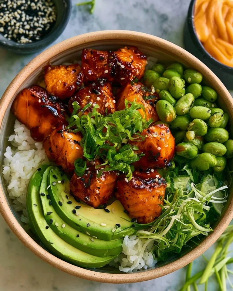 Air Fryer Bang Bang Salmon Bowls with vibrant vegetables and sauce