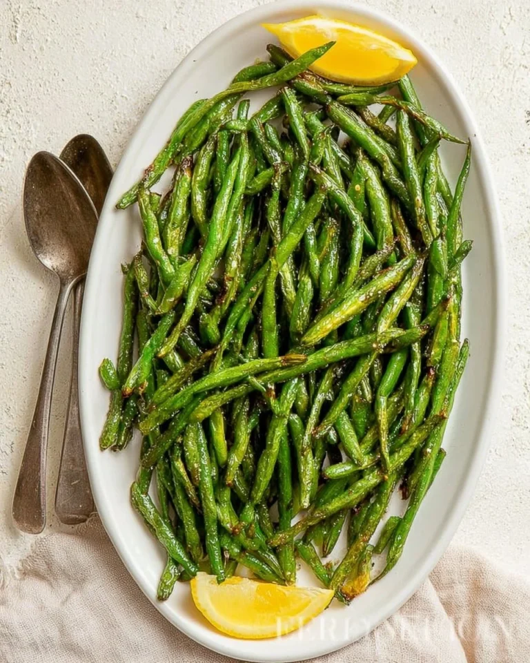 Crispy air fryer green beans served on a plate with seasonings.