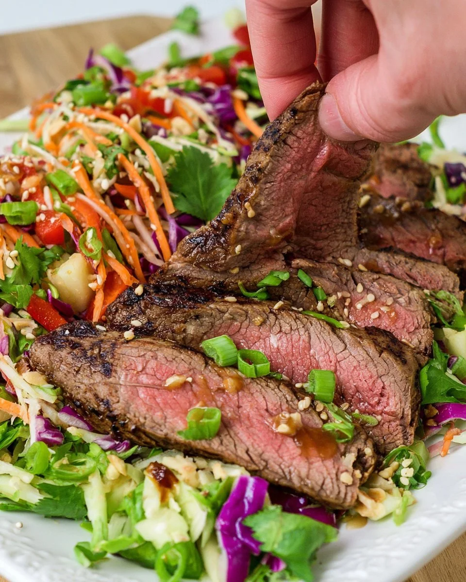 Delicious Asian steak salad with fresh greens and marinated beef