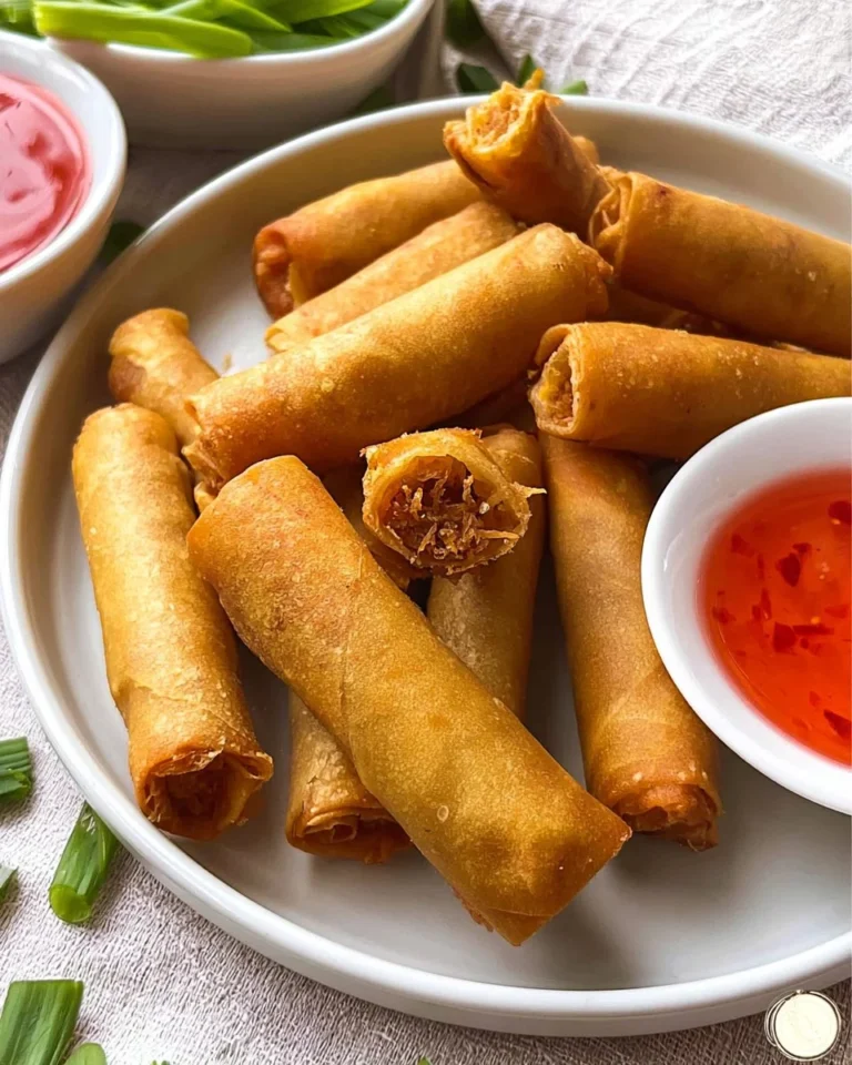A plate of authentic spring rolls served with dipping sauce.