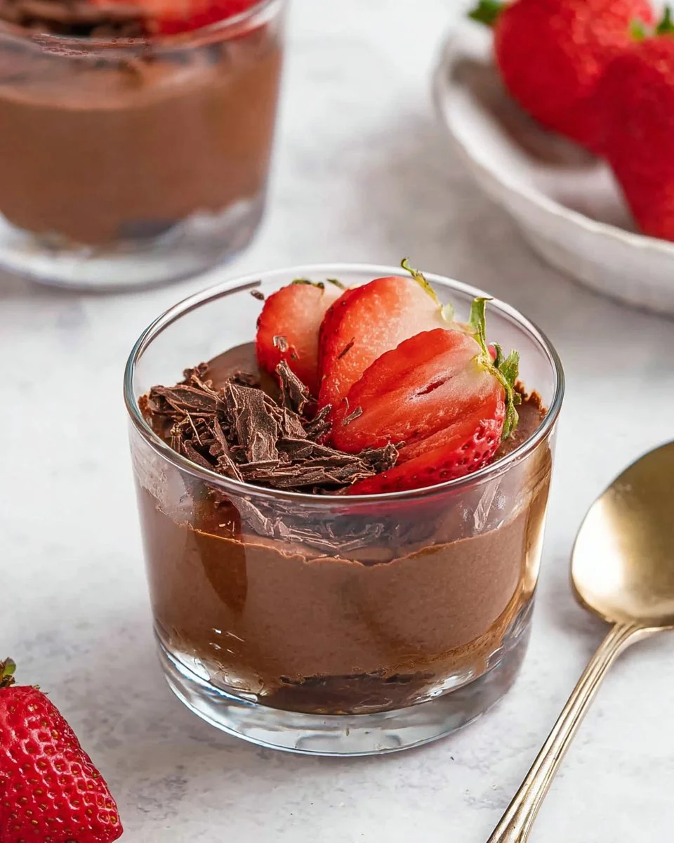 Creamy avocado chocolate mousse dessert in a glass topped with berries