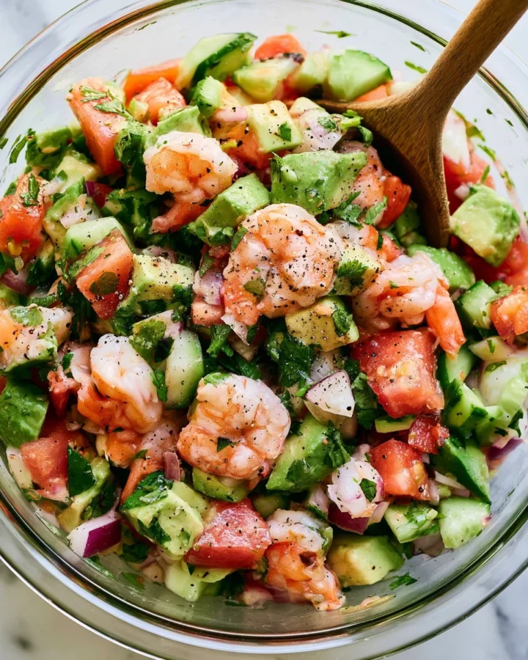 Delicious avocado shrimp ceviche garnished with fresh herbs