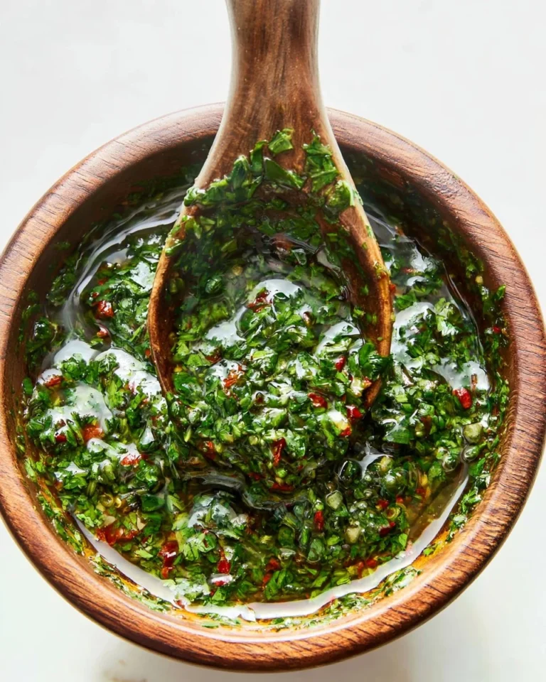 Fresh chimichurri sauce in a bowl with parsley and garlic