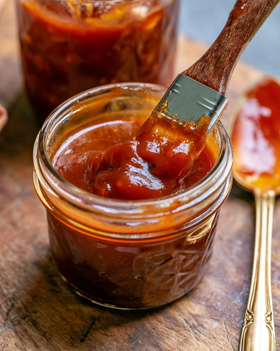 Bourbon BBQ Sauce in a glass jar with fresh herbs and spices around it.