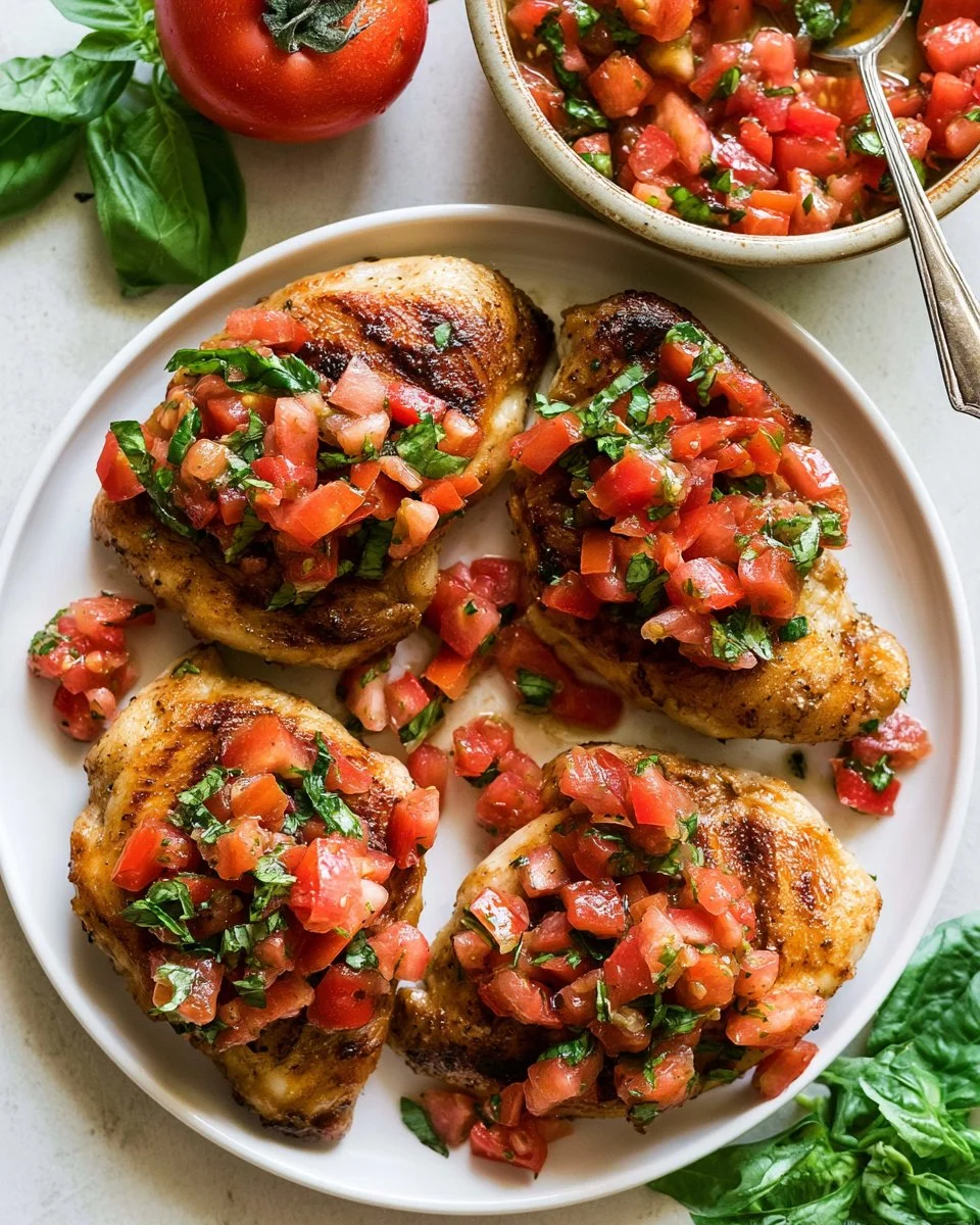 Delicious Bruschetta Chicken Whole30 served on a plate with fresh herbs