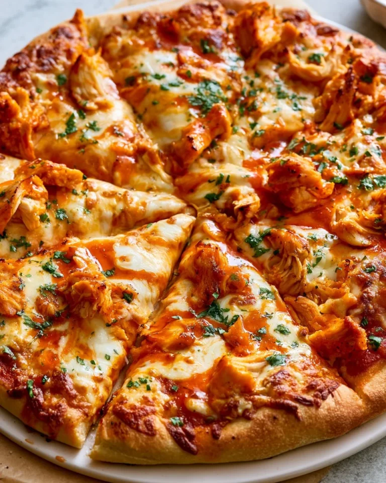 Delicious Buffalo Chicken Pizza topped with cheese and hot sauce