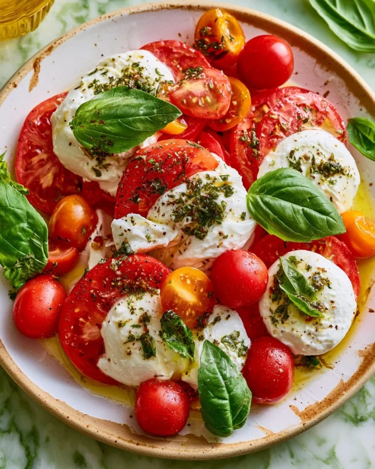 Delicious Burrata Caprese salad with fresh tomatoes and basil