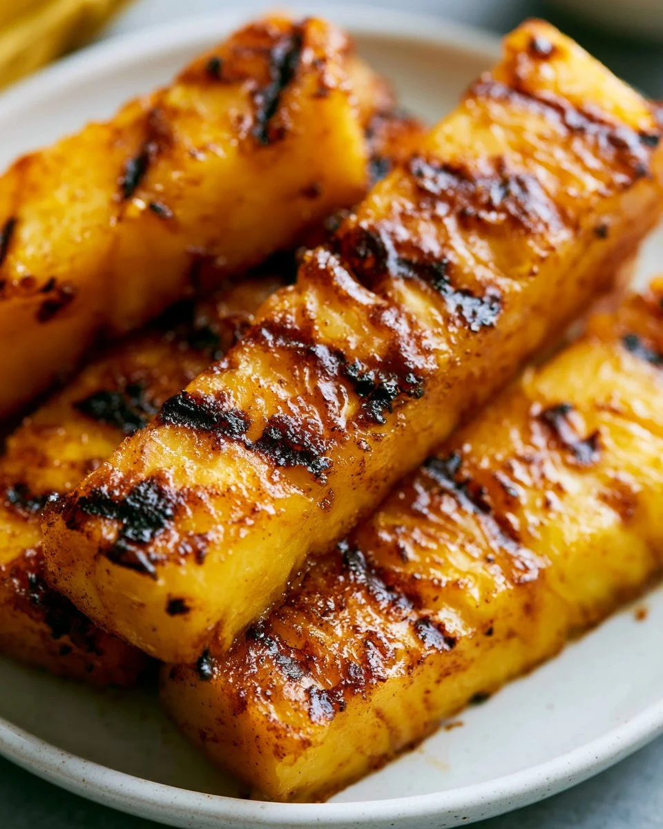 Caramelized Brown Sugar Cinnamon Grilled Pineapple on a grill