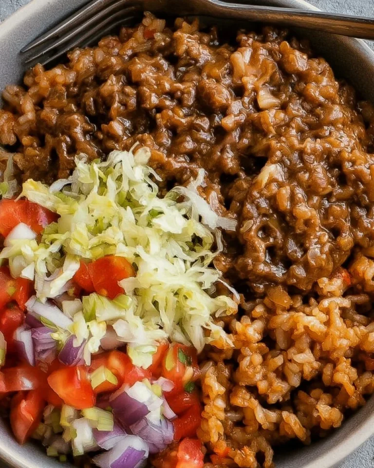 Delicious cheeseburger rice served in a bowl with toppings.