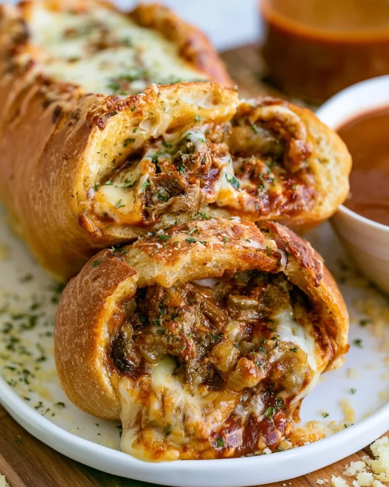 Cheesy BBQ steak stuffed in garlic bread, delicious and flavorful dish