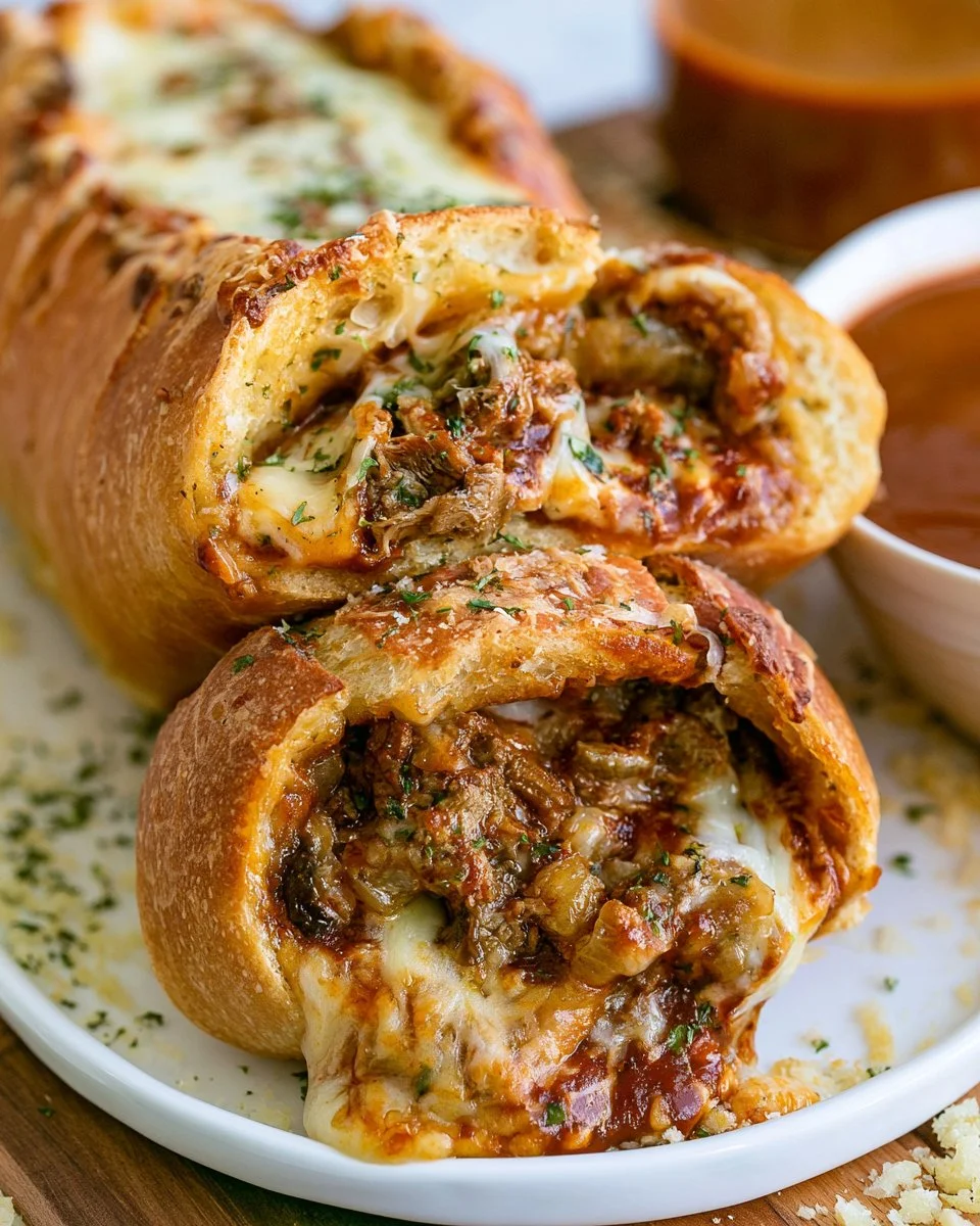 Cheesy BBQ steak stuffed in garlic bread, delicious and flavorful dish
