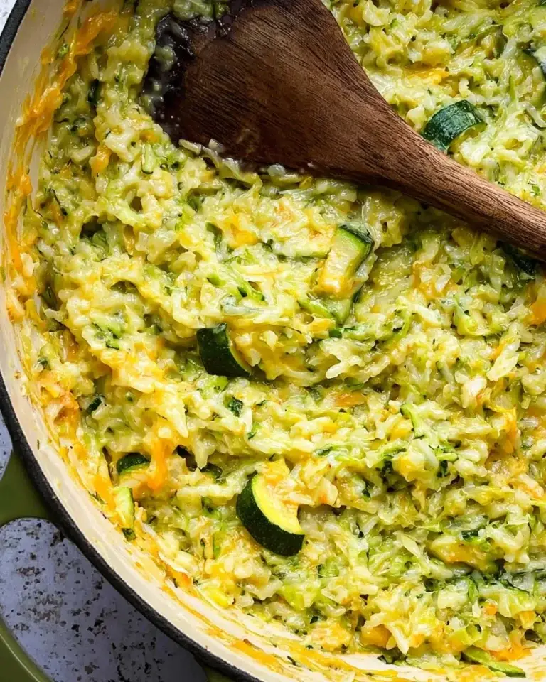 Cheesy zucchini rice dish with melted cheese and fresh zucchini