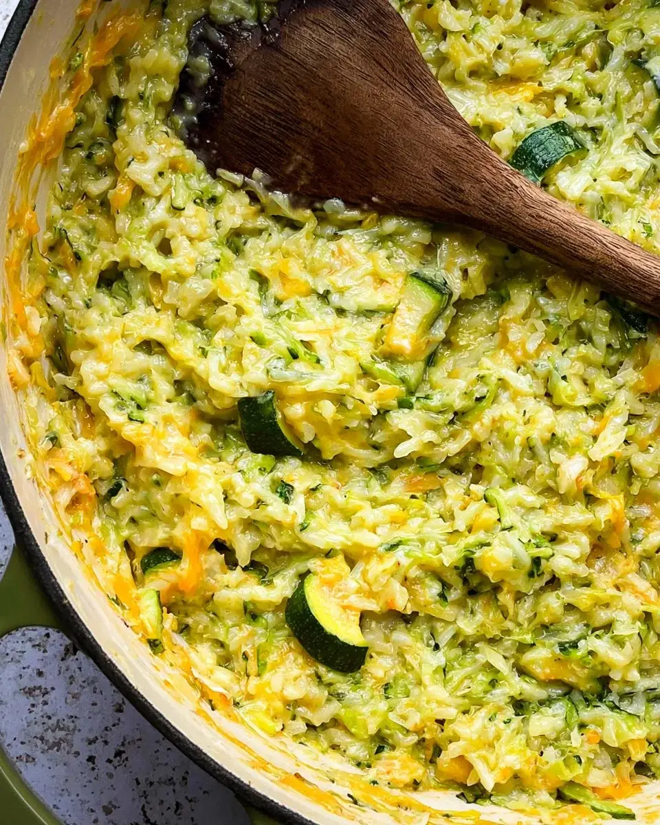 Cheesy zucchini rice dish with melted cheese and fresh zucchini