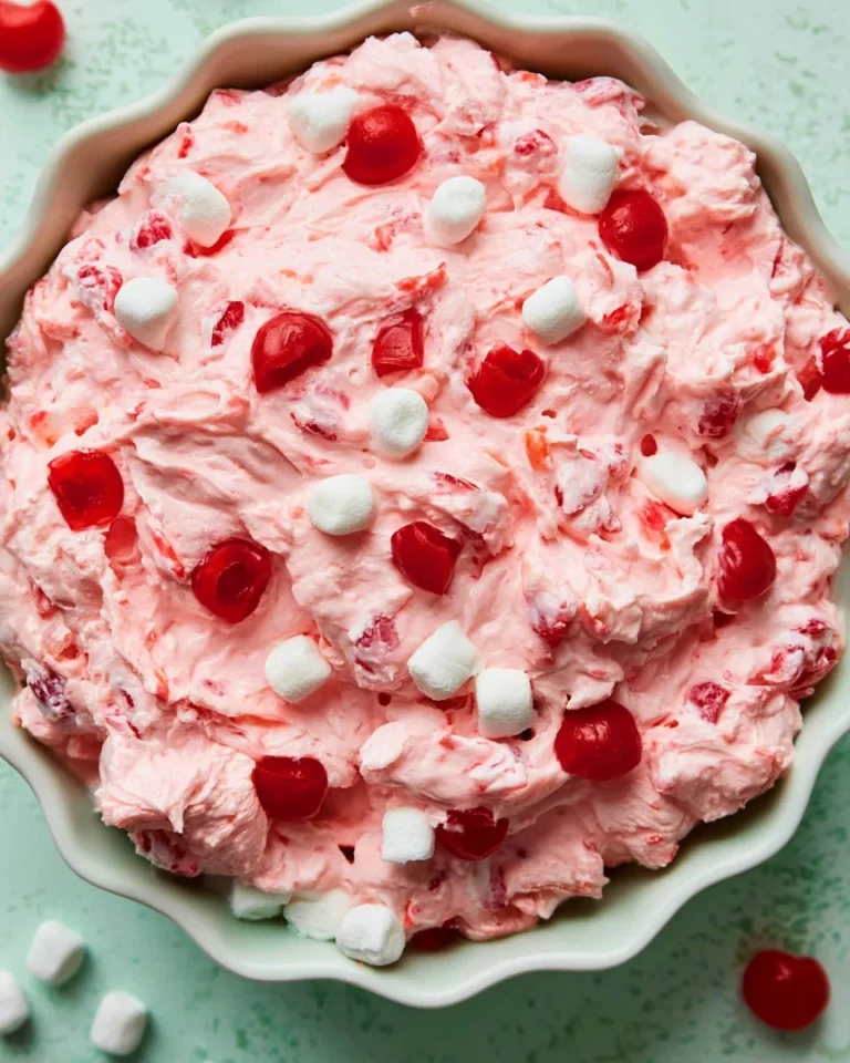 Cherry Cheesecake Fluff Salad in a glass bowl
