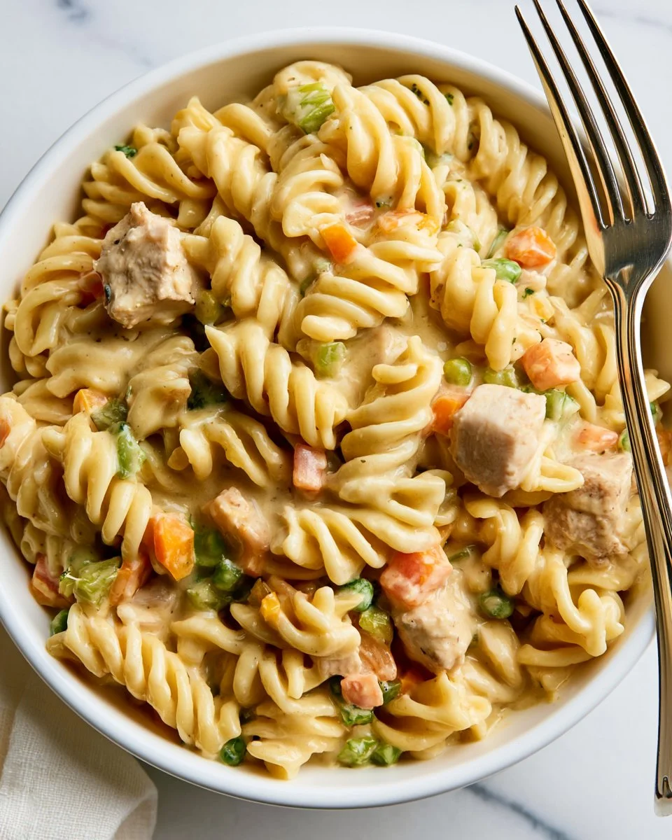 Bowl of delicious chicken noodles with vegetables and herbs