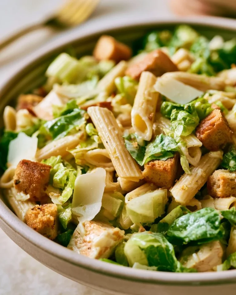 A bowl of Chicken Caesar Pasta Salad with grilled chicken, romaine lettuce, and Caesar dressing