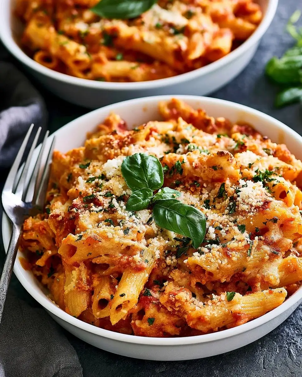 Delicious Chicken Parmesan Baked Pasta with marinara and melted cheese