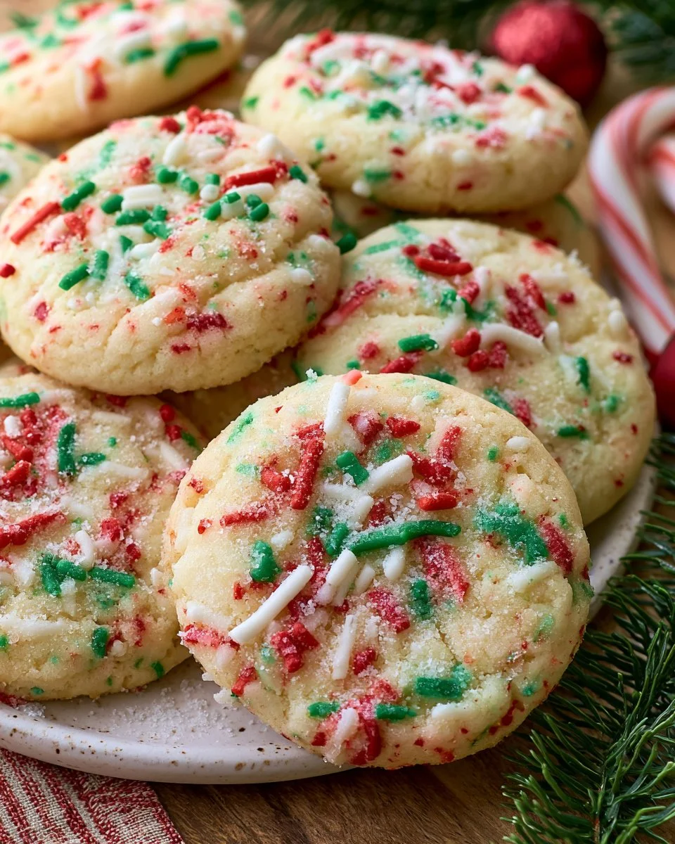A plate of colorful Christmas confetti cookies decorated for the holiday season