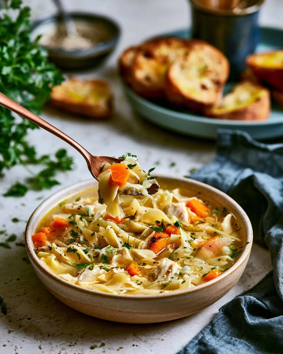 A bowl of classic chicken noodle soup with vegetables and noodles